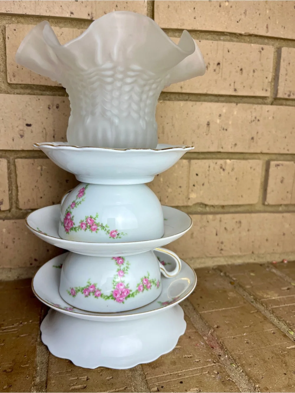 White and Pink Floral Teacup Candle Holder Stack